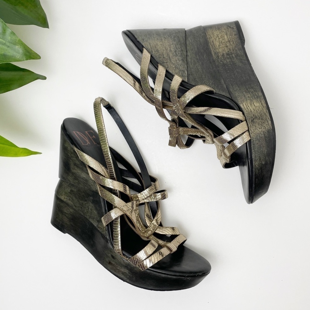 Diane Von Furstenburg Gold Stacked Wooden Wedge Strappy Sandals 7